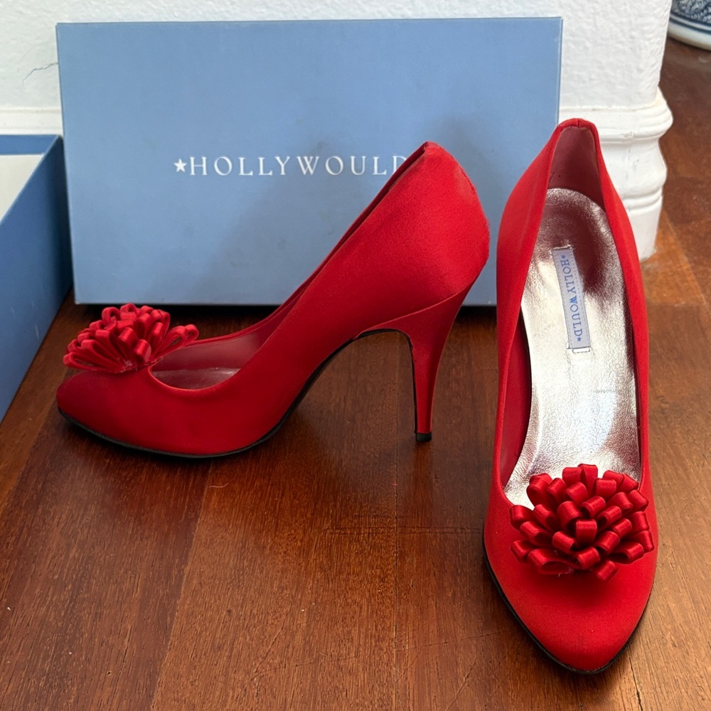 Red Satin Heels with Floral Accent